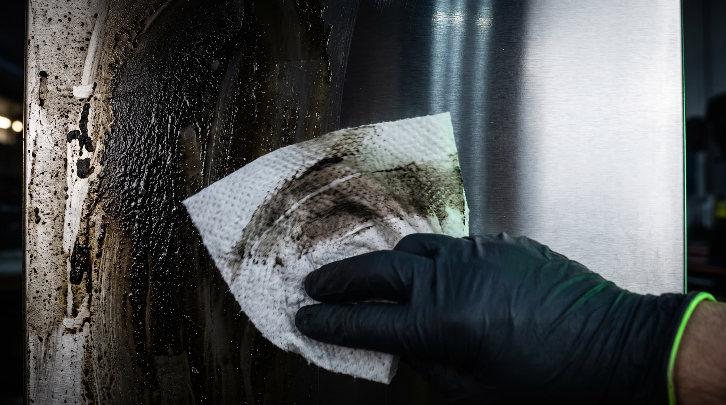 Vettig zwart metaal dat halverwege schoongeveegd is tot blank staal, met een doekje in een zwarte werkhandschoen