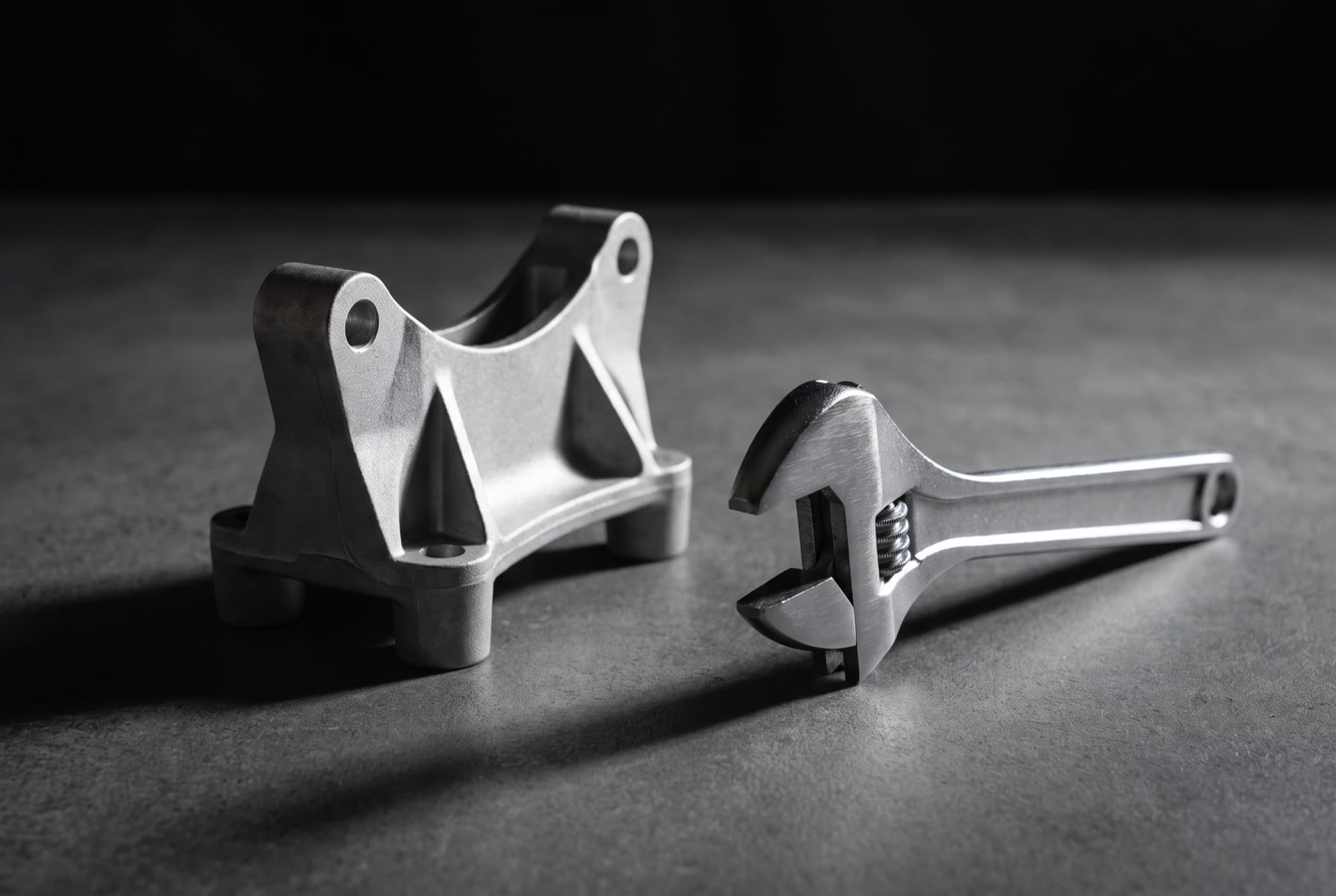 The same bracket and wrench wiped clean, bare aluminium and bright steel