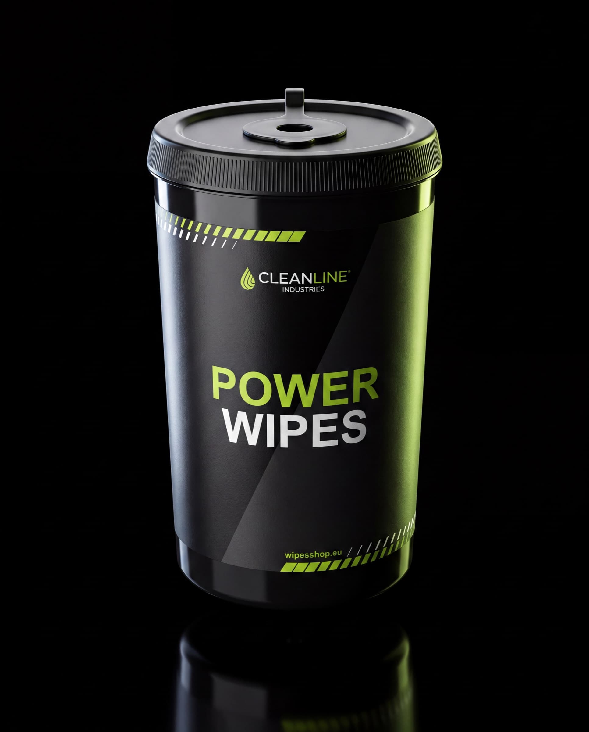 Tub of Cleanline Industries Power Wipes, matte black with lime green print