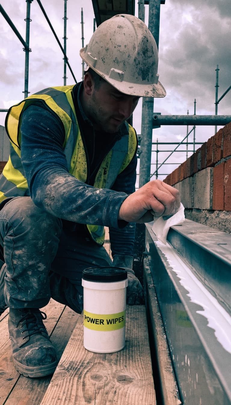 Bouwvakker met helm en hesje veegt kit van een aluminium dakgootprofiel op een steiger, met een dispenser Power Wipes ernaast
