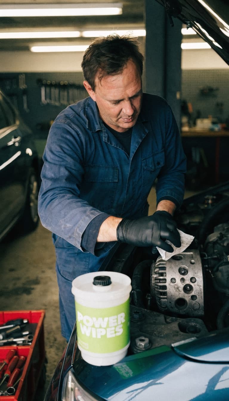 Monteur in blauwe overall met handschoenen veegt een remschijf en naaf schoon in de garage, met een witte dispenser Power Wipes ernaast