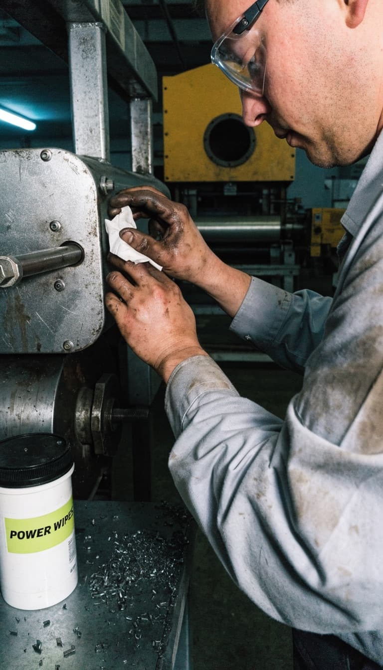 Man met veiligheidsbril veegt een metaalbewerkingsmachine schoon in een fabriekshal, met een dispenser Power Wipes op de machine