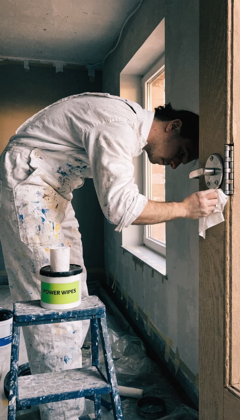Schilder in witte overall veegt verf van een deurkruk bij een kozijn, met een dispenser Power Wipes op een trapje