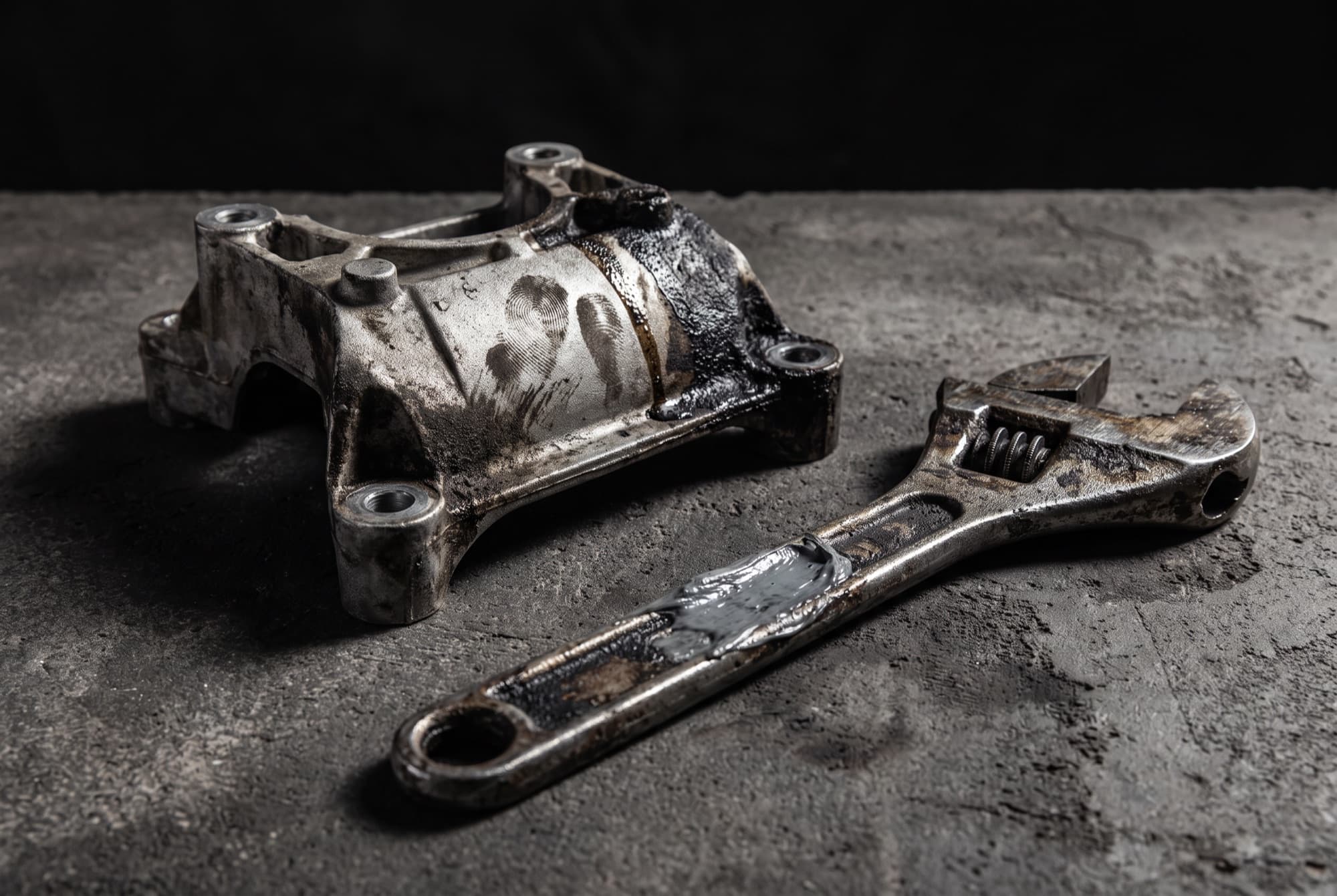 Engine bracket and adjustable wrench caked in grease, oil and soot