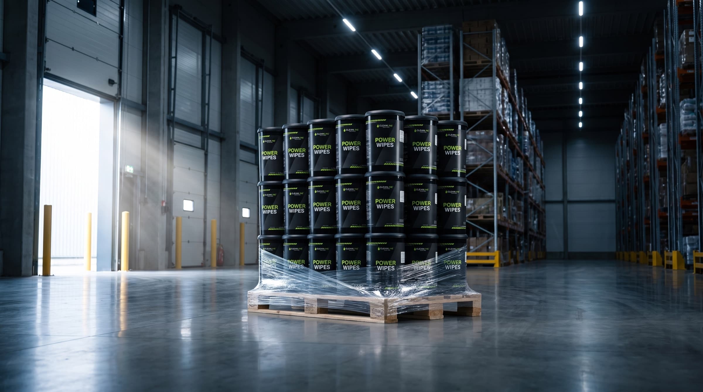 Pallet met dispensers Power Wipes in een distributiecentrum