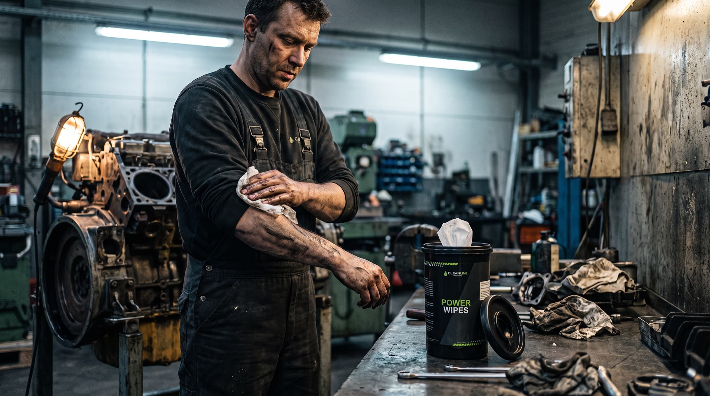 Mechanic cleaning his forearms beside a stripped diesel engine